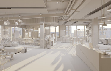 Poster - Office space interior. Reception. Conference. Open space. 3D rendering. Clay rendering.