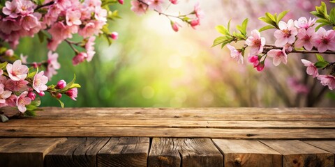 Rustic wooden table with pink spring flowers and empty top for product promotion