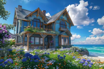 Bright sky blue Craftsman house near ocean, surrounded by blooming flowers and wooden details.