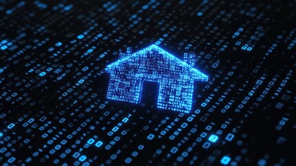 Poster - digital home symbol on binary code background
