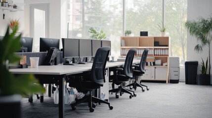 Poster - Modern Office Interior Design with Desk, Chairs, and Plants