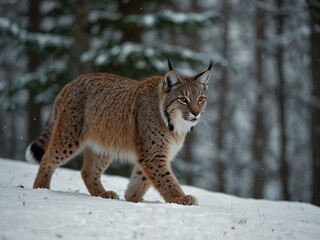Wall Mural - A lynx strolls through a snowy forest landscape.