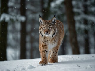 Wall Mural - A lynx strolls through a snowy forest landscape.