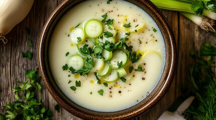 Overhead View of Vichyssoise Soup with Fresh Herbs, leeks, cuisine, food, bowl