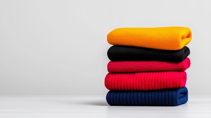 Stack of sweaters on a table. The sweaters are red, black, yellow, and blue. Dirty laundry clothing pile on a white isolated background