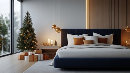 Wall Mural - Modern Bedroom Decorated for Christmas with Tree and Gift Boxes