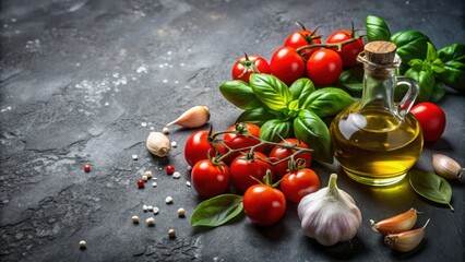 Italian food ingredients with cherry tomatoes, garlic, basil and olive oil on dark background with copy space for menu design and food presentation