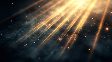 Abstract background with golden light rays and bokeh effect on a dark textured surface.