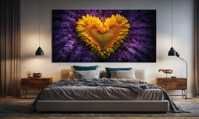 a bedroom with a large canvas print depicting a sunflower heart on a bed of purple foliage
