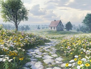 Poster - Stone Path Leading to a Cottage in a Wildflower Meadow