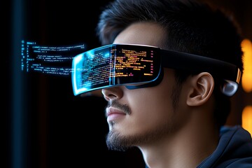 Poster - Futuristic code review session, where developers use augmented reality glasses to visualize and interact with lines of code floating in the air