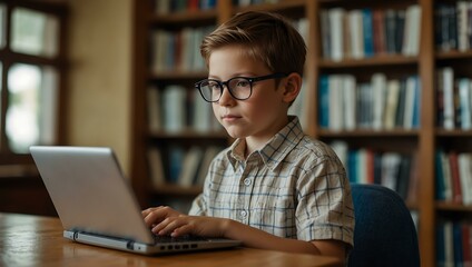 Wall Mural - A young boy in glasses uses a laptop in a library full of books.