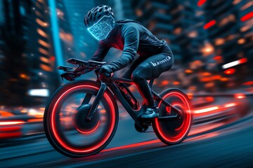 Aufkleber - Futuristic cycling in a digital city, where cyclists ride on neon-lit paths with virtual coaches, their gear embedded with AI that enhances their performance