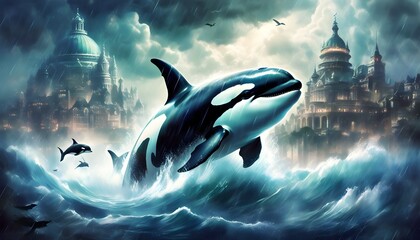 Wall Mural - Mythical Orca Breaching Tumultuous Seas Beneath Cloud-Borne City, Cascading Rain Complementing Baroque Architecture