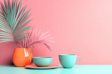 A vase with a green leaf and two cups on a table