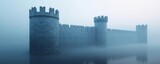 Enchanted castle, foggy moat, magical ambience, 3D illustration