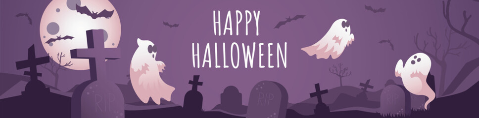 Poster - Happy Halloween banner design. Party invitation purple template with night cemetery, tombstones and crosses, flying spooky ghosts and bats, huge mystery moon and black trees. Vector illustration.