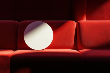 Canvas Print - A white round object is sitting on a red couch