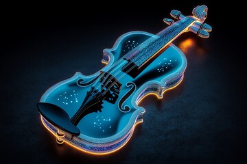 Poster - Futuristic violin made of glowing materials, where each note played creates digital soundwaves that ripple through the air, filling the space with holographic lights