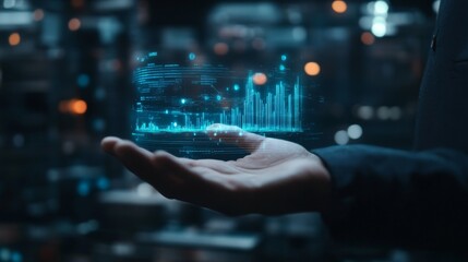 Aufkleber - A futuristic holographic financial chart floating above a businessman hand, representing advanced data visualization and analysis in finance.