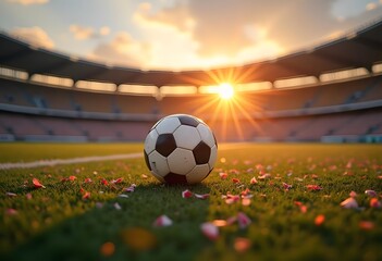 Wall Mural - Classic soccer ball or football on green grass field with blurred lights.
