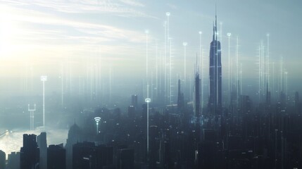 Poster - A futuristic image of a city skyline with wireless signals represented graphically in the air, illustrating the integration of wireless technology in urban environments.