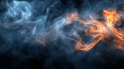 Abstract blue and orange smoke on black background.