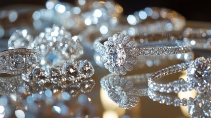 Poster - A glamorous display of various diamond jewelry pieces, including earrings, necklaces, and bracelets, elegantly arranged on a reflective surface, highlighting their shine.