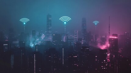 Poster - A futuristic image of a city skyline with wireless signals represented graphically in the air, illustrating the integration of wireless technology in urban environments.