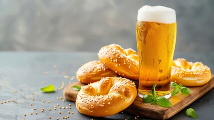 Freshly baked pretzels on a wooden board, Oktoberfest theme