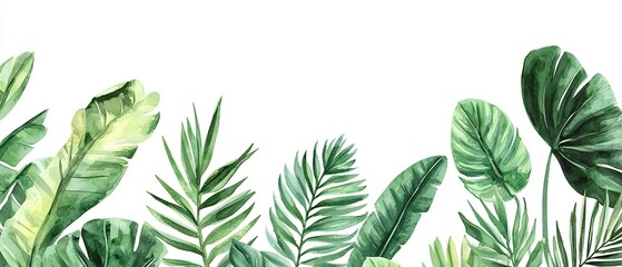 Watercolor painting of tropical leaves on white background.