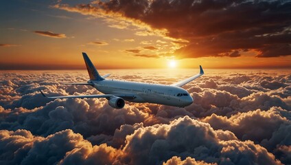 Airplane flying above clouds at sunset