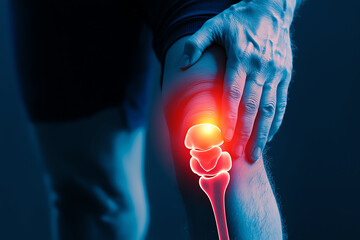 Person gripping swollen knee in pain from arthritis, detailed inflammation and joint disorder, arthritis  pain  disorder, chronic condition