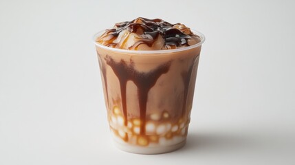 Poster - A high-angle shot of a cup of freshly made brown sugar bubble tea, the caramel swirls and tapioca pearls standing out against a simple white background.