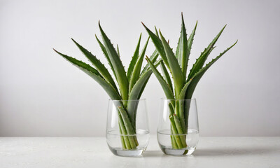 Two aloe vera plants are in glass vases on a white table