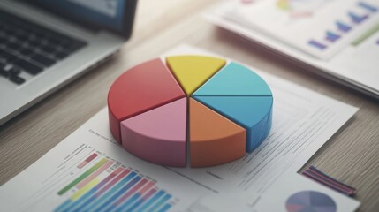 Poster - A high-angle view of a 3D pie chart with labeled segments, placed on a desk alongside business documents and a laptop, symbolizing data analysis in a corporate setting.