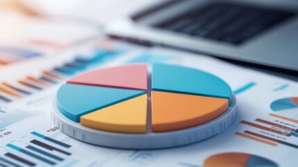 Leinwandbilder - A high-angle view of a 3D pie chart with labeled segments, placed on a desk alongside business documents and a laptop, symbolizing data analysis in a corporate setting.