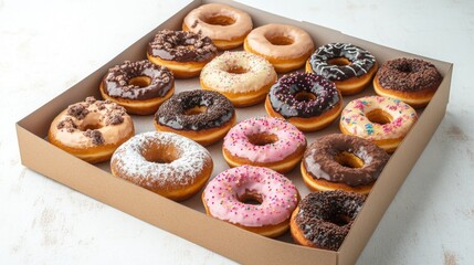 Poster - A high-angle view of a box of assorted donuts with an open lid, showcasing a mix of flavors and designs, perfect for a morning treat.