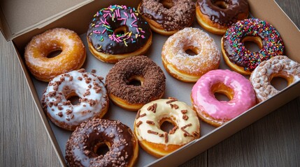 Poster - A high-angle view of a box of assorted donuts with an open lid, showcasing a mix of flavors and designs, perfect for a morning treat.