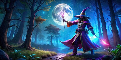 Dark Magician Casting Spells in a Mysterious Forest Under a Moonlit Sky Surrounded by Shadows