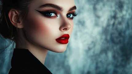 A high-fashion portrait of a woman with dramatic makeup and a chic hairstyle, set against a stylish backdrop, embodying modern beauty.