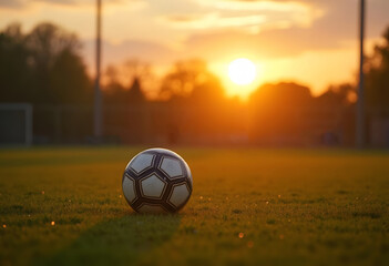 Wall Mural - 3d rendering of soccer ball on green grass in the evening sunshine
