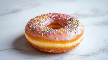 Poster - A high-resolution image of a classic donut with a shiny glaze and colorful sprinkles, set against a simple, clean background to emphasize its deliciousness.