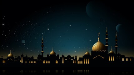 Poster - Elegant mosque silhouettes against a dark backdrop with text space in the bottom right corner