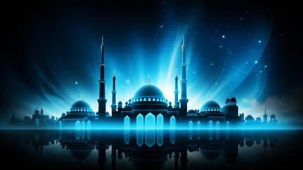 Poster - Elegant background featuring light mosque silhouettes on dark canvas with space for text below