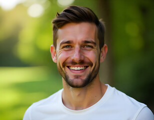 A young Caucasian man with short dark brown hair, a beard, and a friendly expression on his face. He mid to late 20s and is wearing a white t-shirt against a blurred natural background