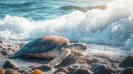 Poster - A high-resolution image of a sea turtle basking in the sun on a rocky coastal shore, with waves crashing in the background and a focus on its relaxed pose.