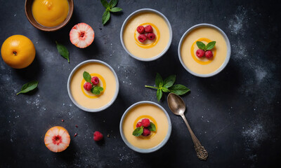 Four bowls of creamy peach dessert topped with raspberries and mint leaves sit on a dark countertop