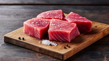 Wall Mural - A high-resolution image of fresh tuna steaks displayed on a clean cutting board, ready for grilling or searing, with a sprinkle of salt and pepper.