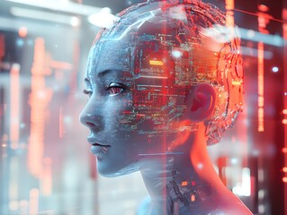 Poster - Futuristic Robot with Digital Interface and Neon Lights